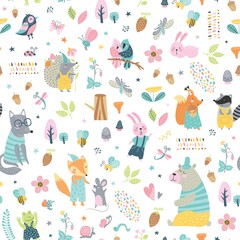 Seamless childish pattern with woodland animals. Cute wolf, bear, raccoon, fox, bunny, squirrel, hedgehog in clothes, funny characters. Creative scandinavian kids texture for fabric, wrapping, textile