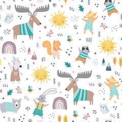 Seamless childish pattern with woodland animals. Cute deer, bear, raccoon, fox, bunny, squirrel in clothes, funny characters. Creative scandinavian kids texture for fabric, wrapping, textile