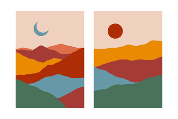 Abstract landscape backgrounds. Contemporary posters, mountains boho wall decor, minimal vector art print wallpapers
