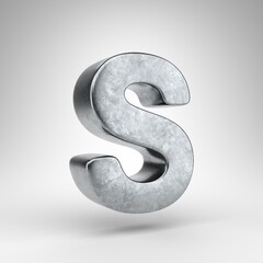 Fototapeta premium Letter S uppercase on white background. Gun metal 3D rendered font with rough metal texture.