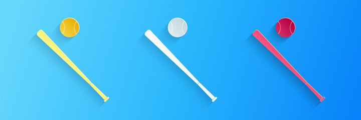 Paper cut Baseball ball and bat icon isolated on blue background. Paper art style. Vector.