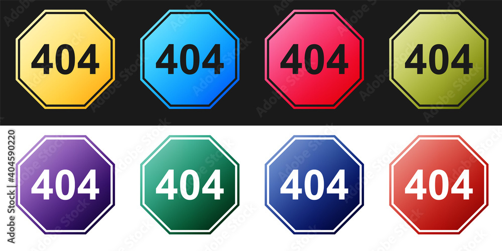 Poster set page with a 404 error icon isolated on black and white background. template reports that the pag