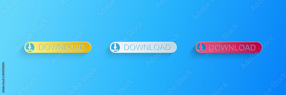 Aufkleber paper cut download button with arrow icon isolated on blue background. upload button. load symbol. p