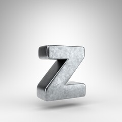 Letter Z lowercase on white background. Gun metal 3D rendered font with rough metal texture.