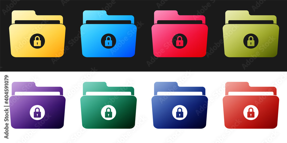 Aufkleber set folder and lock icon isolated on black and white background. closed folder and padlock. security