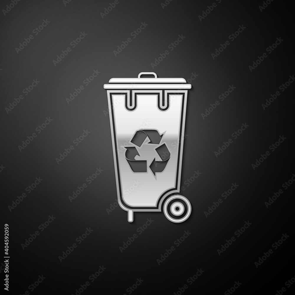 Poster silver recycle bin with recycle symbol icon isolated on black background. trash can icon. garbage bi