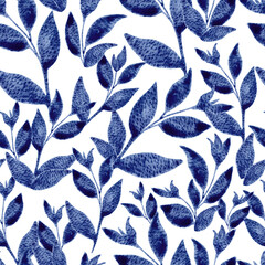 Blue floral seamless pattern with watercolor leaves. Hand drawn illustration on textured background for textile, wallpaper, fabric, postcard, invitation, cover, wrapping paper, print design