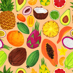 Big tropical fruit mix seamless pattern. Watercolor illustration with exotic juicy fruit. Pineapple, feijoa, aronge, papaya, pitaya, carambola set. Nice colorful summer picture for fabric, wallpaper