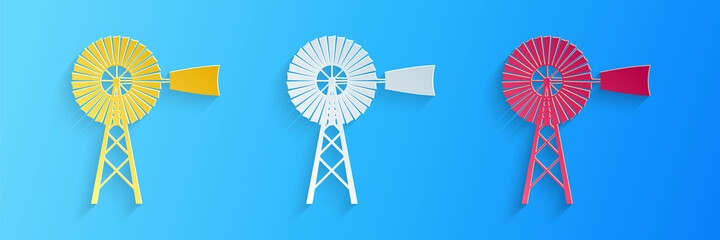 Paper cut Windmill icon isolated on blue background. Paper art style. Vector.