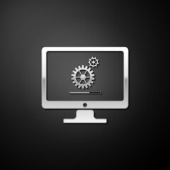 Silver Computer monitor update process with gear progress and loading bar icon isolated on black background. Adjusting, setting, maintenance, repair. Long shadow style. Vector.