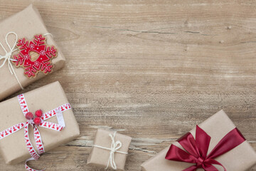 Gift boxes with ribbons on a wooden background. Valentine's Day presents. Happy Birthday. Love consept.