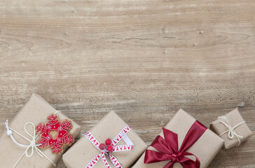 Gift boxes with ribbons and hearts on wooden backgroun. Valentine's Day.  Love consept.  