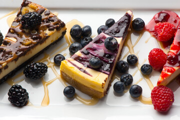 Cheesecake. Traditional Classic New York Style cheesecake dessert topped with fresh starwberry and a a strawberry sauce. A bakery or pastry shop favorite. 