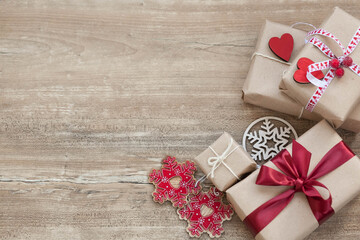 Gift boxes with ribbons on a wooden background. Valentine's Day presents. Happy Birthday. Love consept.
