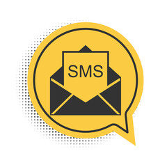 Black Envelope icon isolated on white background. Received message concept. New, email incoming message, sms. Mail delivery service. Yellow speech bubble symbol. Vector.