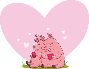 illustration of cute couple pig in love