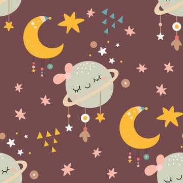 Seamless pattern in boho style with sleeping planet, moon and stars on night sky. Vector kids illustration for nursery design. Bohemian fabric design for baby clothes, wrapping paper.