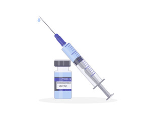 The only effective coronavirus vaccine. Glass ampoule with medicine and syringe. Timely vaccination against Covid-19. Protection against viruses and disease. Health care concept. Vector illustration.
