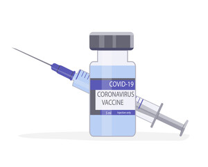The only effective coronavirus vaccine. Glass ampoule with medicine and syringe. Timely vaccination against Covid-19. Protection against viruses and disease.