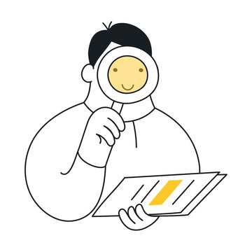 Outline cartoon man with a loupe and report making research, he looking for something in the document. Marketing, audit, analysis, investigation, or mentoring concept.