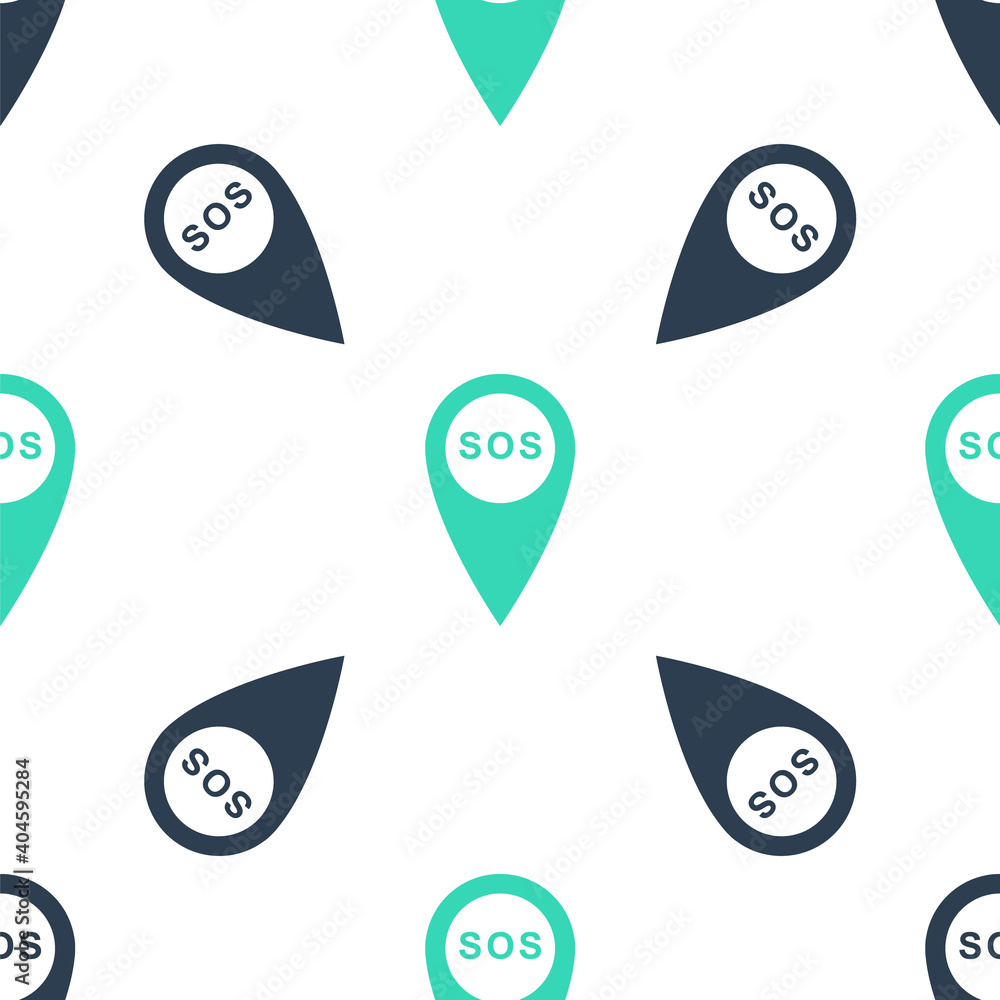 Poster green marker location with sos icon isolated seamless pattern on white background. sos call location