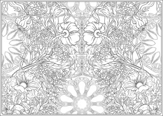 Floral Seamless pattern, background with In art nouveau style, vintage, old, retro style. Outline vector illustration. Coloring page for the adult coloring book. .