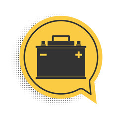 Black Car battery icon isolated on white background. Accumulator battery energy power and electricity accumulator battery. Yellow speech bubble symbol. Vector.