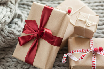 
Festive background. Gift boxes with ribbons . Love consept.