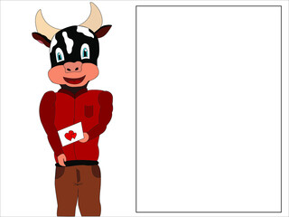 Cute picture of a young bull. The bull holds a valentine in his hands. Copspace. Valentine's Day. Holidays and religion.