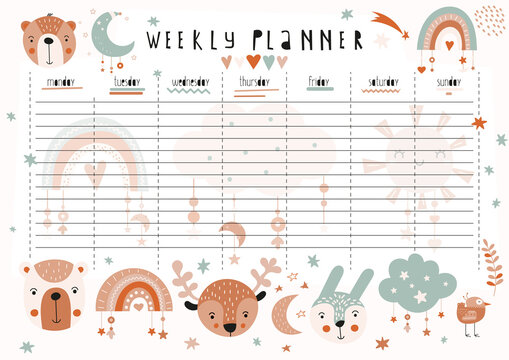 Weekly Planner With Woodland Animals In Boho Style. Kids Schedule Design Template. Vector Illustration.