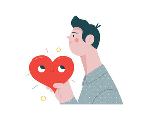 Man giving a heart - Valentines day graphics. Modern flat vector concept illustration - a young man, holding the big heart. Hearts and flowers. Cute characters in love concept