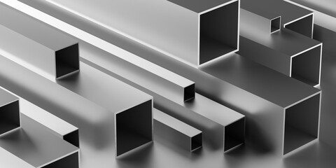 Brushed aluminum square profiles stack or heap frame filling background, metal manufactoring or product concept