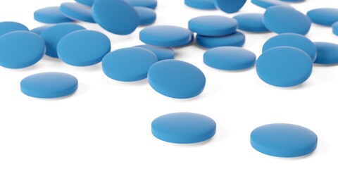 Blue pill heap over white background, medical treatment, pharmaceutical or medication concept