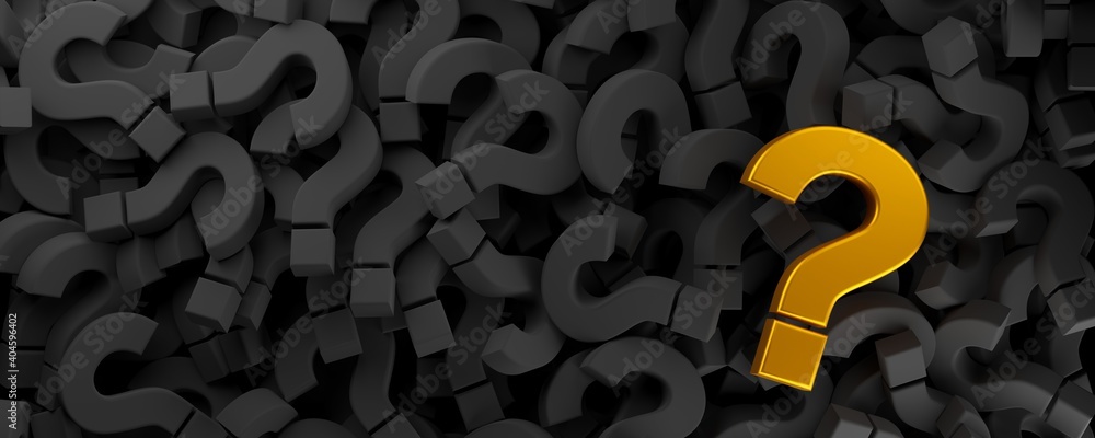 Poster heap of black question marks symbol with one gold question mark flat lay top view from above, questi
