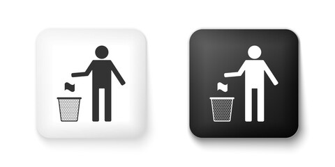 Black and white Man throwing trash into dust bin icon isolated on white background. Recycle symbol. Trash can sign. Square button. Vector.