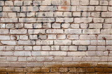 Grungy Urban Background. Weathered Empty Grunge Brick Wall. Graffiti Covered With White Paint. Dirty Brown Orange And White Brickwall Design Banner.