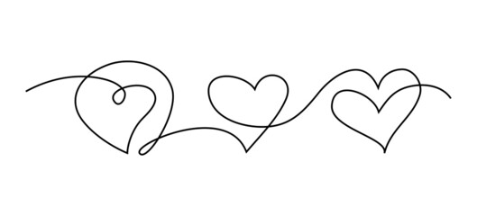 Vector set of three hearts drawn by one line. Fashionable trend direction. Isolated objects.