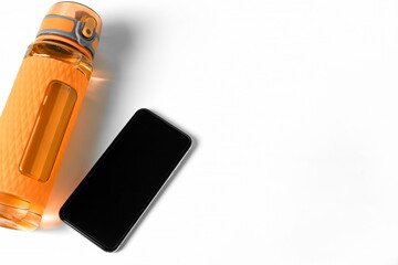 Fitness Bottle And Phone Mock Up On Isolated White Background. Personal Exercise Activity Gadget App And Drink.