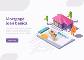Obraz premium Mortgage loan basics landing page or web banner. Concept of purchase house with bank credit, invest in real estate. Property mortgage with isometric home, money, keys, financial contract or agreement.