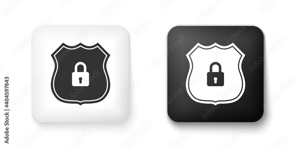 Poster black and white shield security with lock icon isolated on white background. protection, safety, pas