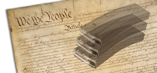 3D illustration with the public domain image of the United States constitution with AR-15 magazines...