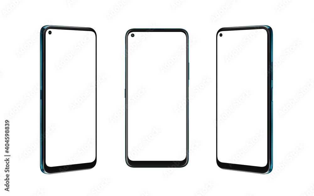 Poster smart phone isolated in three positions. front, left and right side. isolated round for mockup, app 