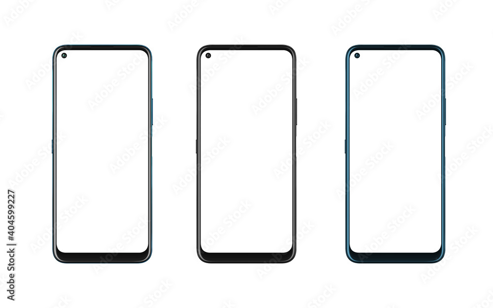 Leinwandbilder Phone mockup in three colors. Isolated display and background in white. Modern phone with round edges and camera built into the display