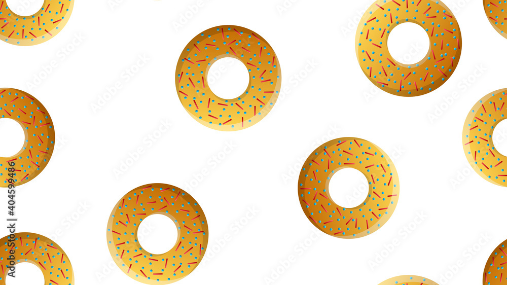 Poster seamless pattern with colorful donuts with glaze and sprinkles on a white background
