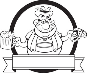 Black and white illustration of a man in lederhosen holding a beer and a pretzel inside of a graphic circle with a banner.