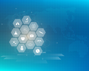 Fototapeta premium Healthcare icon and medical innovation concept illustrated on blue background