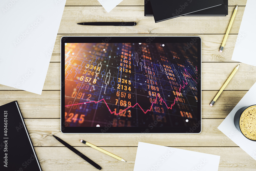 Poster top view of modern digital tablet display with abstract creative analytics data spreadsheet, analyti
