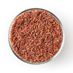 Fototapeta na wymiar Uncooked red rice in glass bowl isolated on white background with clipping path