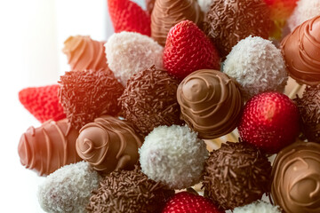 fresh strawberries covered with milk chocolate and coconut. Gift set close up