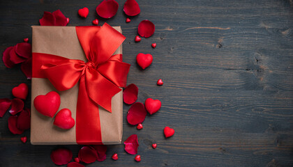 wooden background with gift box and red hearts for Valentines day 